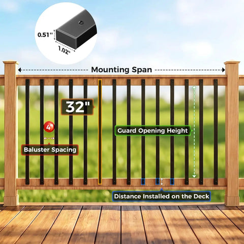 View of Heavy Duty 55 Iron Deck Balusters 32 Inch Rectangular Railing Kit with measurements and mounting details shown