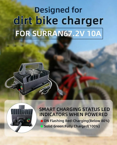 672W Fast Charger 67.2V 10A For Electric Dirt Bikes And E Bikes with cooling fan, rider in the background