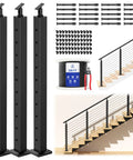 Complete Stair Cable Railing Kit For 10 To 15 Ft Runs With 3 Black 36 Inch Posts, 220 Ft One Eighth Inch Stainless Wire Rope, Invisible Cable System