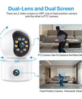 6Mp Dual Lens Wifi Ip Camera With Built In Screen Features Ai Human Detection and Pan Tilt Zoom Tech showing dual screen views.
