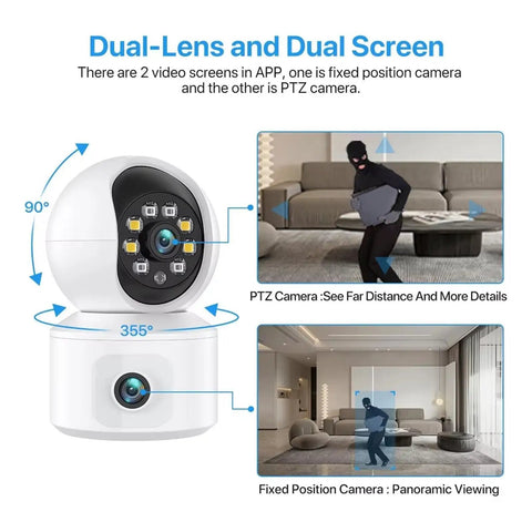 6Mp Dual Lens Wifi Ip Camera With Built In Screen Features Ai Human Detection and Pan Tilt Zoom Tech showing dual screen views.