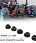 Five Piece RC Pinion Gear Set For 1 To 10 Scale Cars, 48DP 5.0mm Pinions In 30T 31T 32T 33T 34T, High Hardness CrMo Alloy Steel, displayed near RC car