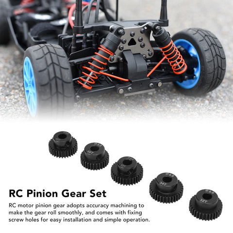 Five Piece RC Pinion Gear Set For 1 To 10 Scale Cars, 48DP 5.0mm Pinions In 30T 31T 32T 33T 34T, High Hardness CrMo Alloy Steel, displayed near RC car