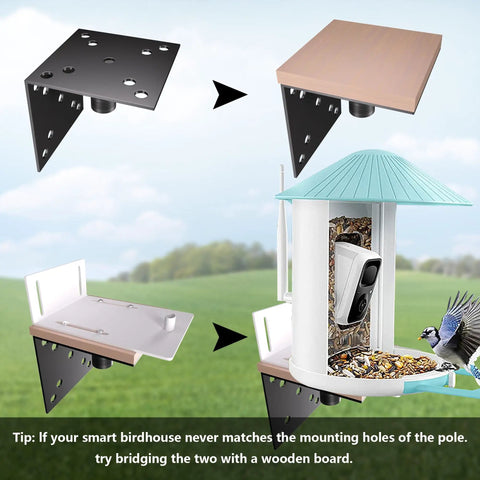 Diagram showing Heavy Duty Bird Feeder Pole Stand 95 Inch Backyard Outdoor Weather Station Pole Kit with mounting options.