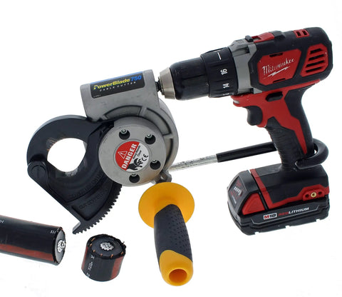 PowerBlade Drill Powered Cable Cutter Cuts Up To 750 MCM Copper And 1000 MCM Aluminum, 1-1/2 Inch Jaw, tool next to drill