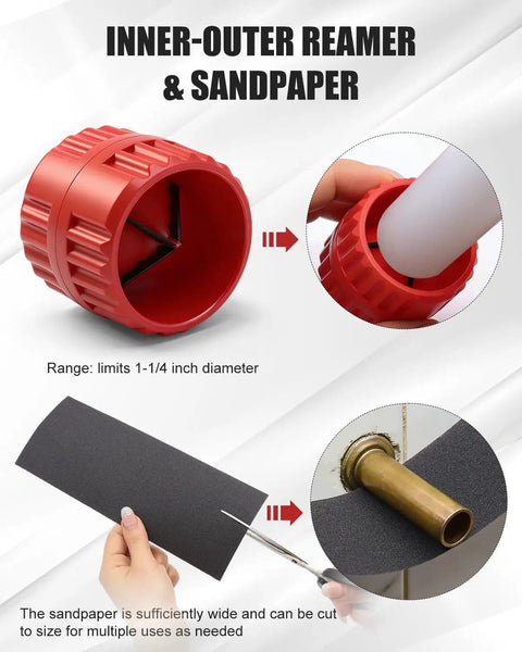 Inner-outer reamer and sandpaper in Ratcheting Pipe Cutter Tool Kit 12 Piece Set for Copper and PVC Tubing Heavy Duty Close Quarters Cutter