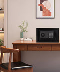 Built Tough Steel Safe Box With Sensor Light And Lock For Home Or Office on a wooden desk in modern room decor, black color, 0.8 cubic feet