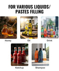 Easy Pull Down Manual Liquid Filler With 10 Liter Hopper And Adjustable 5 To 50 Ml Settings For Smooth Bottling Of Juice Shampoo Honey And Hobby Crafts Built Tough And Reliable displayed with various liquids including honey, oil, drinks, ketchup, and shampoo.