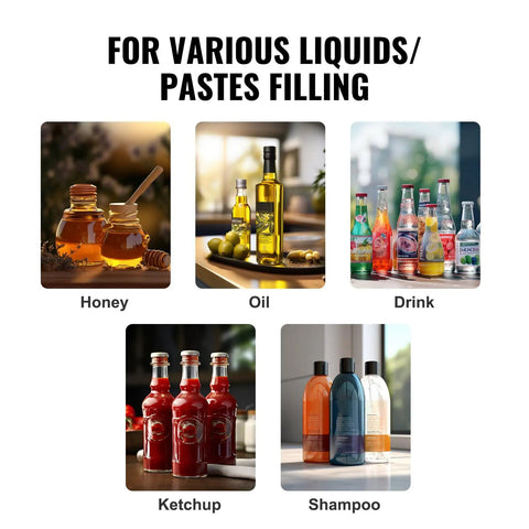 Easy Pull Down Manual Liquid Filler With 10 Liter Hopper And Adjustable 5 To 50 Ml Settings For Smooth Bottling Of Juice Shampoo Honey And Hobby Crafts Built Tough And Reliable displayed with various liquids including honey, oil, drinks, ketchup, and shampoo.