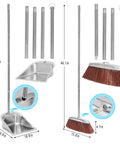 Straight Up Heavy Duty Brush And Dustpan Set For Home With 56 Inch Extended Handle, stainless steel frame and broom dimensions shown.