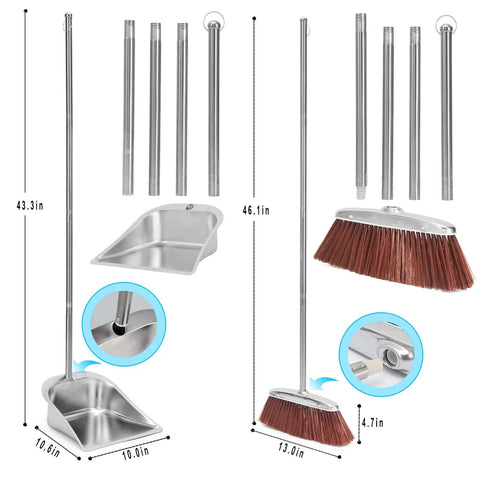 Straight Up Heavy Duty Brush And Dustpan Set For Home With 56 Inch Extended Handle, stainless steel frame and broom dimensions shown.