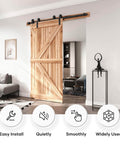 Effortless 5 Ft Bypass Double Sliding Barn Door Hardware Kit with Single Track and Black Powder Coat in living room.