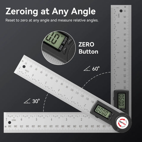 Digital Angle Finder Protractor In Stainless Steel, 7 Inch 200mm, showing zeroing feature and laser etched ruler at 30 and 60 degrees