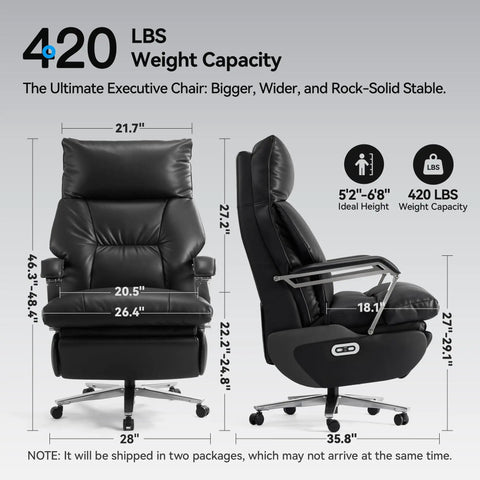 Dual Motor Electric Office Chair With Footrest For Home Office, side and front view, black leather, dimensions labeled, 420 lbs capacity