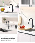 Matte Black Kitchen Faucet With Pull Down Sprayer And 3 Modes, High Arc 360 Degree Swivel installed on white countertops