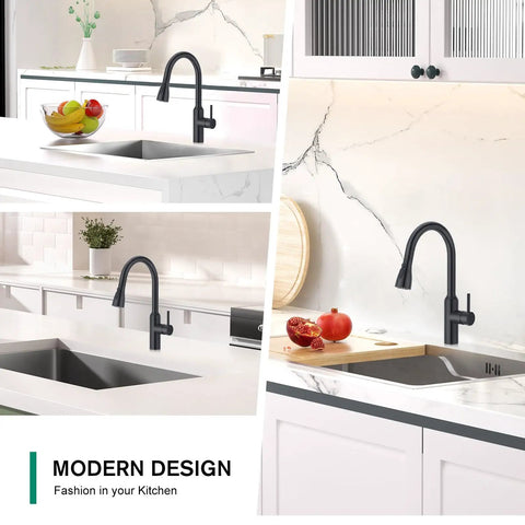 Matte Black Kitchen Faucet With Pull Down Sprayer And 3 Modes, High Arc 360 Degree Swivel installed on white countertops