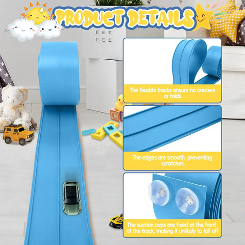 15 Foot Cobalt Blue Flexible Race Car Track With Two Lanes Includes Suction Cups Built For Epic Mini Races And Stunts Compatible With Diecast 1 50th Cars Like Hot Wheels And Matchbox Endless Layouts For Jumping Merging And Marathon Play shown in use with toy car.