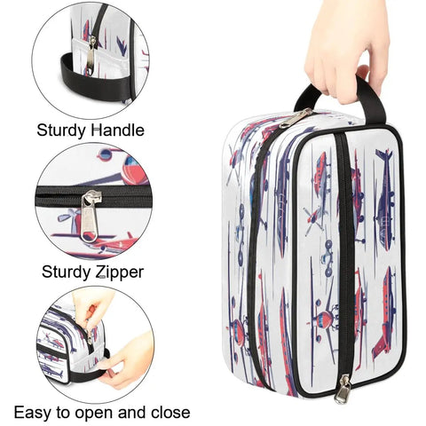 Go To Travel Toiletry Bag For Women And Men Foldable Dopp Kit With Aircraft Pattern, featuring handle and zipper details