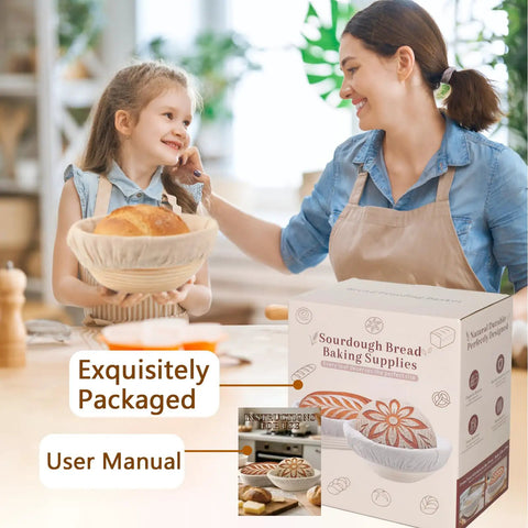 Mother and daughter using Ultimate Sourdough Starter Kit For Home Bakers With 9 Inch Round And 10 Inch Oval Banneton Proofing Baskets