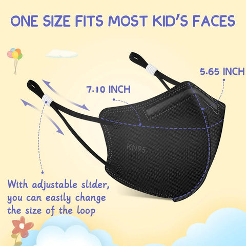 Kids KN95 Face Masks 50 Pack For Kids, Five Ply Disposable Face Mask with Adjustable Ear Loops, Size Illustration in Black