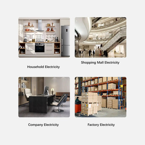 Collage showing electricity usage in kitchen, shopping mall, office, and factory environments.