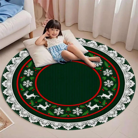 Heavy Duty Round Furniture Pad For Hardwood Floors With Tough As Nails Polyester Cover And Non Skid Base Built For Smooth Gliding Action Around Office Desks Gaming Rooms And Home Spaces featuring child on decorative mat.