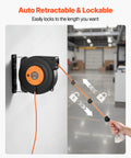Wall-mounted Beefy 50 Ft Retractable Extension Cord Reel With 14 AWG SJTOW Cord Lighted Triple Tap Outlet shown in use