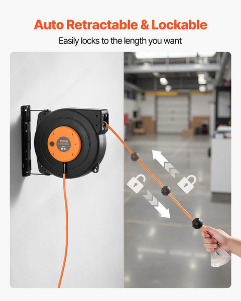 Wall-mounted Beefy 50 Ft Retractable Extension Cord Reel With 14 AWG SJTOW Cord Lighted Triple Tap Outlet shown in use