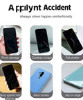 Image of cracked phone screens illustrating types of damage: pinch, careless scrape, fall shatter, back broken, slip on edge.