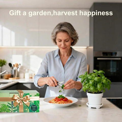 Woman in kitchen using Indoor Herb Garden Starter Kit with 33 Pieces Four Color Pots Soil and Tools, fresh herbs on pasta.