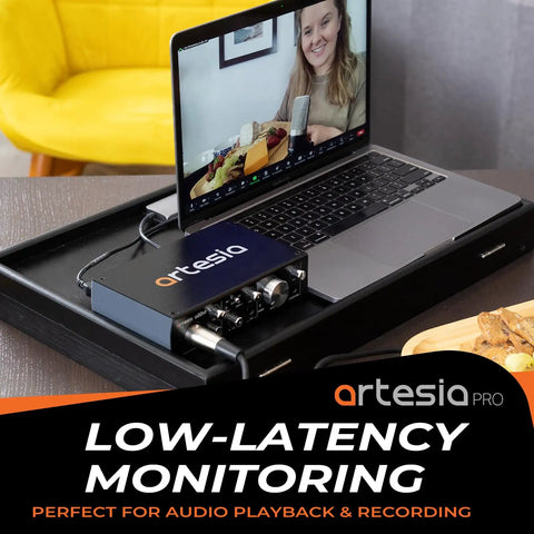 A22XT USB Audio Interface With 24Bit 96kHz Recording And 48V Phantom Power XLR Input connected to a laptop, ideal for streaming.