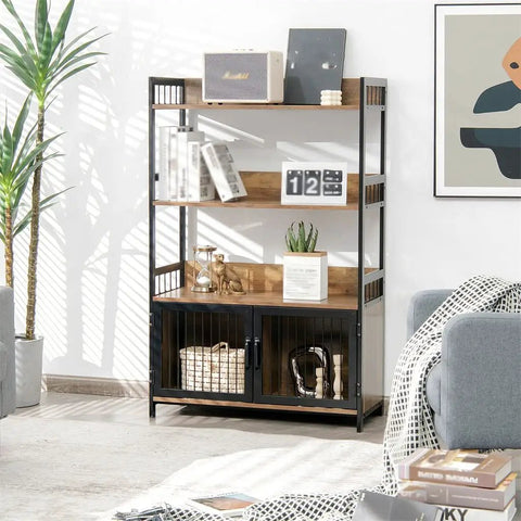 Built Tough 3 Layer Bread Rack And Industrial Kitchen Microwave Shelf With Double Door Storage Cabinet And Ventilated Grate Doors To Keep Your Counter Clean And Organized Straight Up, featuring open shelves and gated storage.