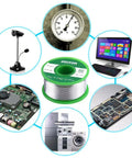 0.8mm Lead Free Solder Wire With Rosin Core For Electronics DIY Projects Makers And Soldering Nerds 100g Reel Sn Ag Cu Alloy 99 0.3 0.7 Flux 2 Percent Melts Smoothly At About 217C Ideal For PCB Repairs And Tiny Solder Joints, with various electronics in background.