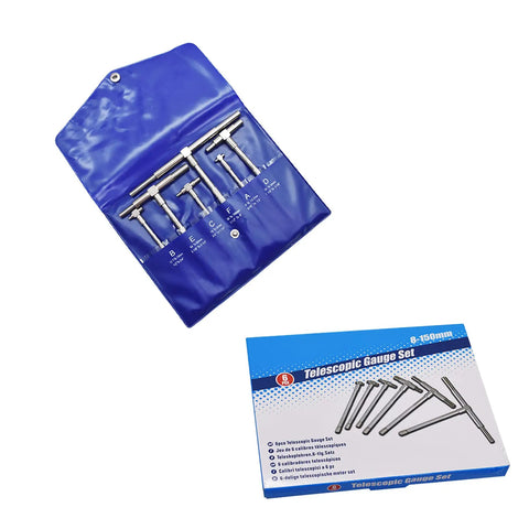 Six Piece Telescopic Bore Gage Set Five Sixteenths To Six Inches Pro Grade Self Centering Telescoping Kit displayed in blue case and box
