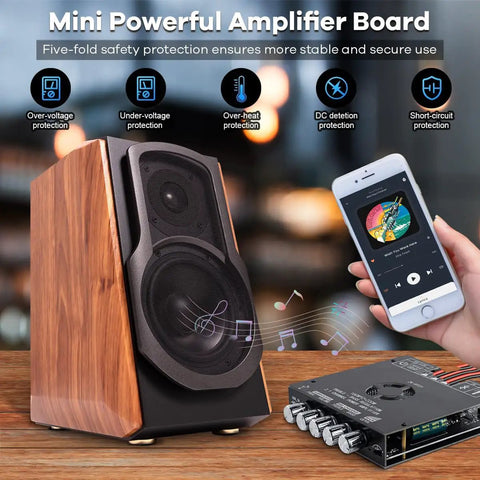 2.1 Channel Bluetooth Amplifier Board with 160W per channel, speaker and phone, showcasing TDA7498E module features