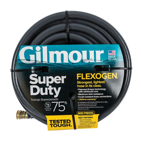 Heavy Duty Garden Hose 5/8 Inch By 75 Feet, Flexogen Strength, 8 Ply Double Tire Cord Reinforced, Coiled packaging front view