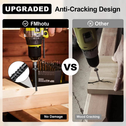 Comparison of FMhotu and other drills with images showing anti-cracking performance while drilling into wood.