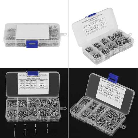 800Pcs M2 Self Drilling Screw Set With Handy Eight Sizes Cross Drive Pan Head Wood Screws Made of 304 Stainless Steel in box
