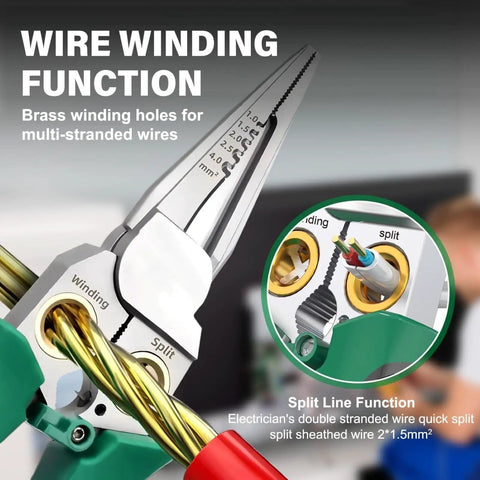 Close-up view of Heavy Duty 18 In 1 Wire Stripper Tool with wire winding function, showing brass holes and wire being stripped.
