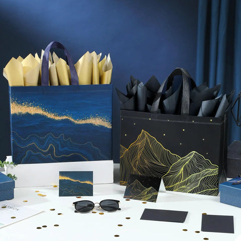 Big 13 Inch Gift Bags With Tissue Paper Two Pack Reusable Non Woven Happy Birthday Gift Bags With Handles For Men And Women Black Blue