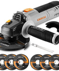 Tough As Nails 4.5 Inch Plug And Play Corded Angle Grinder with 900 Watt Motor and multiple cutting discs.