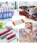 Collage showing Three Piece Plastic Test Tube Rack With Fifty Holes For Fifteen To Eighteen mm Tubes Eighteen Point Seven mm Hole Diameter