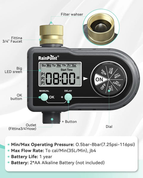 Three Program Garden Hose Sprinkler Timer with Brass Inlet and Dial, Weatherproof Design for Automatic Irrigation