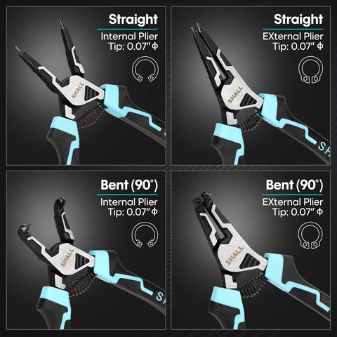 4-Piece Heavy Duty Snap Ring Pliers Set For 7 Inch Internal And External Circlip Pliers With 5/64 Inch Tip, includes straight and bent tools