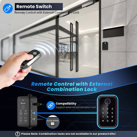 Built Tough 600 Pound Electromagnetic Door Lock With Integrated Power Box And Two Wireless Remotes For Outswinging Doors remote control in an office setting.