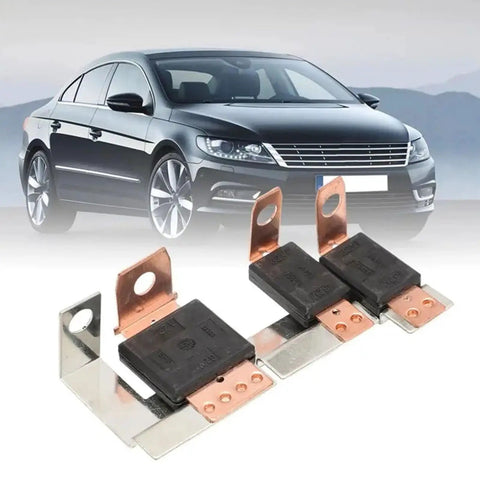Solid Vehicle Electrical Link Unit With Molded Housing And Metal Tabs for Battery connection replacement next to a car.