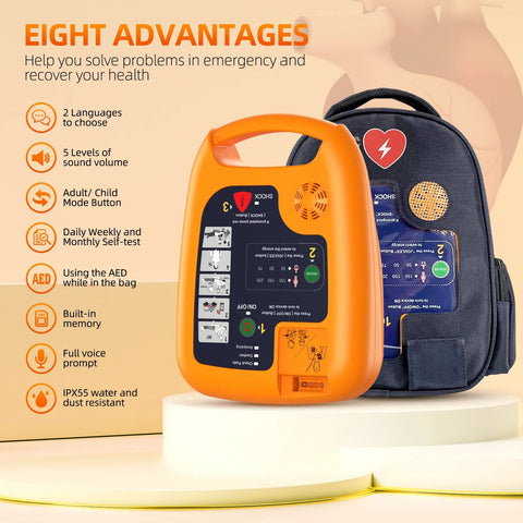 Front view of orange AED automatic external defibrillator with carrying handle and instruction panel beside a blue case