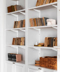 Premium Heavy Duty 60 Inch Shelf Pilasters 5 Pack Dual Track Upright Wall Shelving System Featuring Twin Slot Rails And Hardware For Killer Closet And Cabinet Organization Storage Solutions Silver supporting wooden books in a stylish white cabinet.