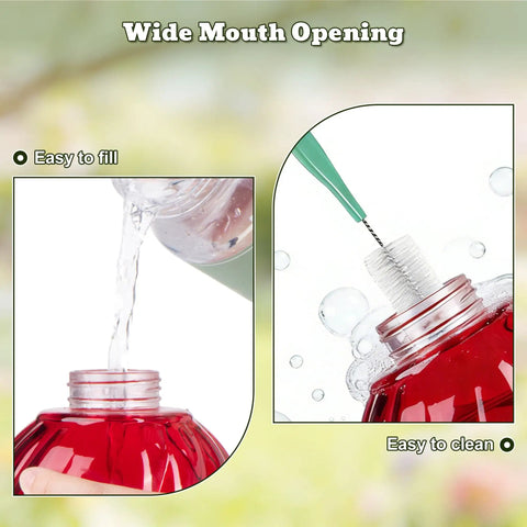Hummingbird Feeder Glass 26 Ounces Outdoor Hanging With Ant Moat 5 Flower Ports Rustproof And Leakproof Netted Flower Bud Bottle Red US Patent Design Keeps Bees And Ants Out For Real shown with wide mouth opening for easy filling and cleaning.