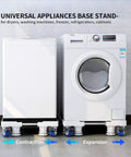 Heavy Duty Washing Machine Base Stand With Built Tough Movable Adjustable Frame, supports washer and dryer, on tiled floor.